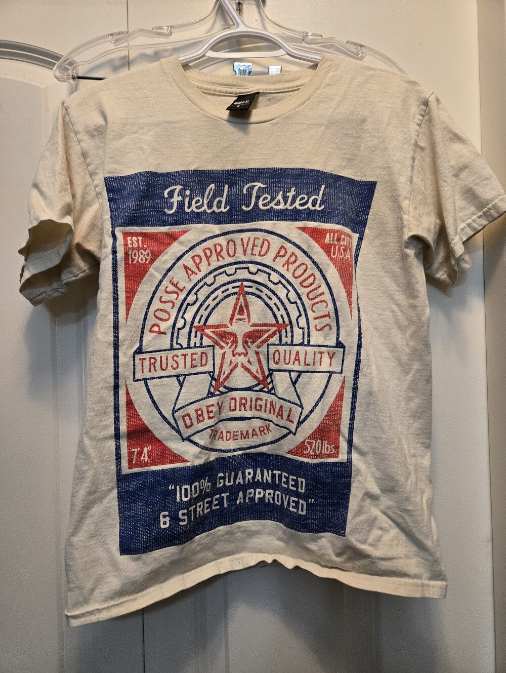 Obey Men's Field Tested Graphic Tee - Cream with Red & Blue Print